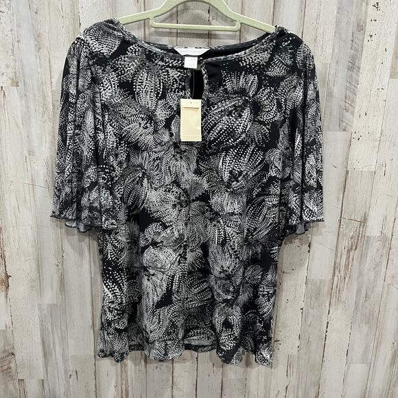 New! Christopher & Banks Black Flutter Sleeve Abstract Floral Blouse Top Medium - Picture 1 of 6